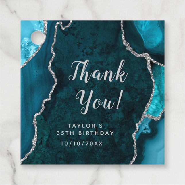 Étiquettes Cadeau Turquoise et Argent Agate Anniversaire Merci (Devant)