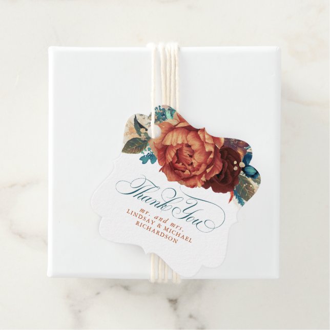 Étiquettes Cadeau Turquoise et Terracotta Floral Mariage Merci (En situation)