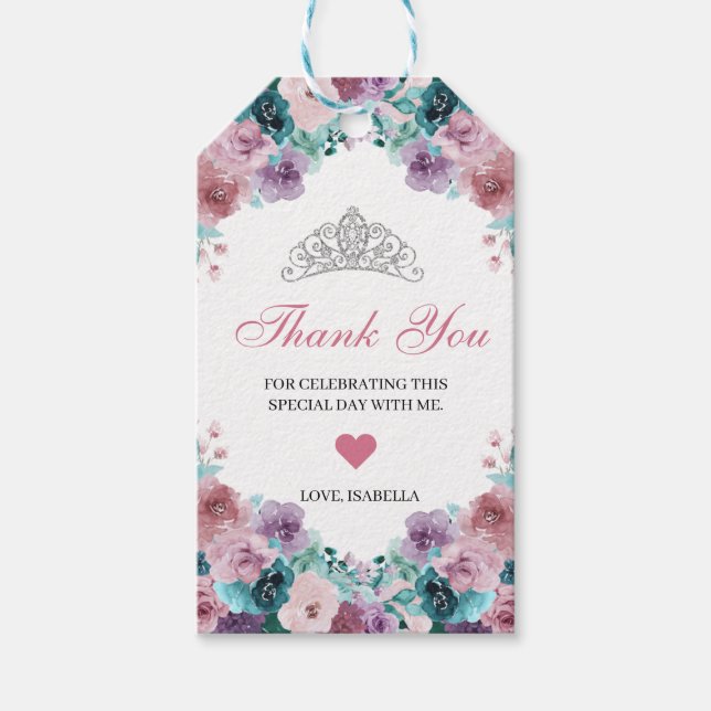 Étiquettes Cadeau turquoise & Mauve Floral Merci (Devant)
