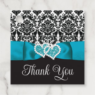 Étiquettes Cadeau Turquoise, Noir Damask Love Hearve Mariage