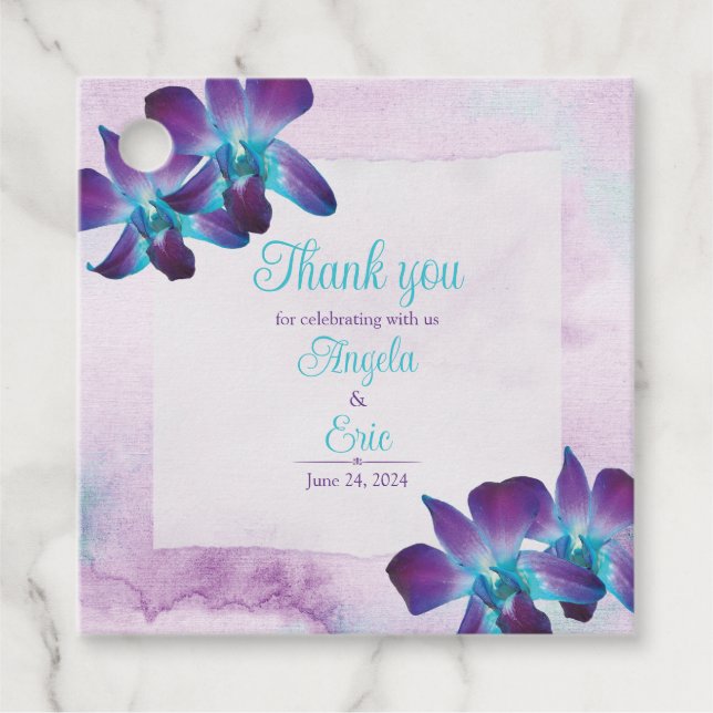 Étiquettes Cadeau Turquoise violet bleu Dendrobium Mariage orchidée (Devant)