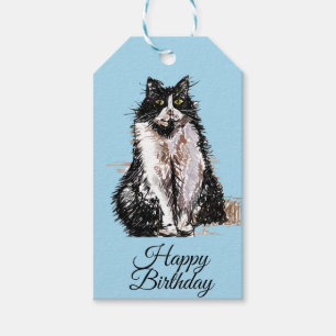 Étiquettes-cadeau Tuxedo Chat Cute Chats Noir Blanc Pastel Bleu