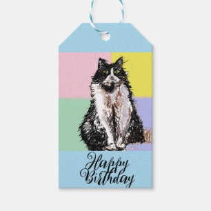 Étiquettes-cadeau Tuxedo Chat Cute Chats Noir Blanc Pastel Bleu
