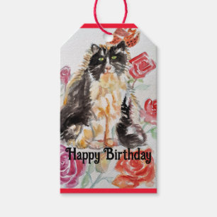Étiquettes-cadeau Tuxedo Chat Cute Rose Fleurs Chats Aquarelle Rose