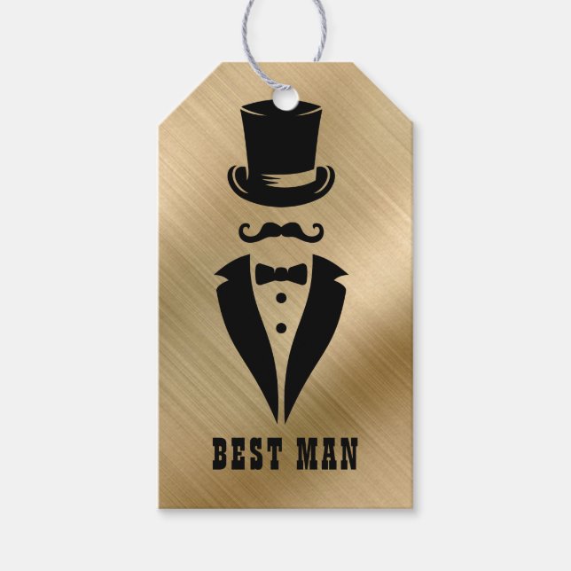 Étiquettes-cadeau Tuxedo noir pour garçon d'honneur en or (Devant)
