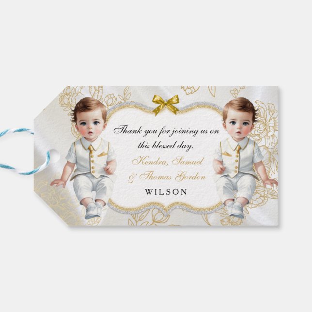 Étiquettes-cadeau Twin Baby Boys Baptême Communion Croix de la Bible (Dos Horizontal)