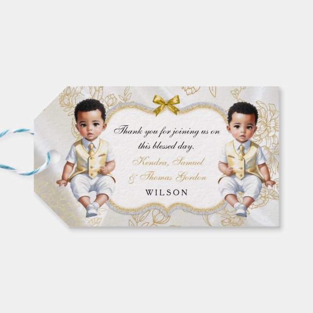 Étiquettes-cadeau Twin Baby Boys Baptême Communion Or Blanc (Dos Horizontal)