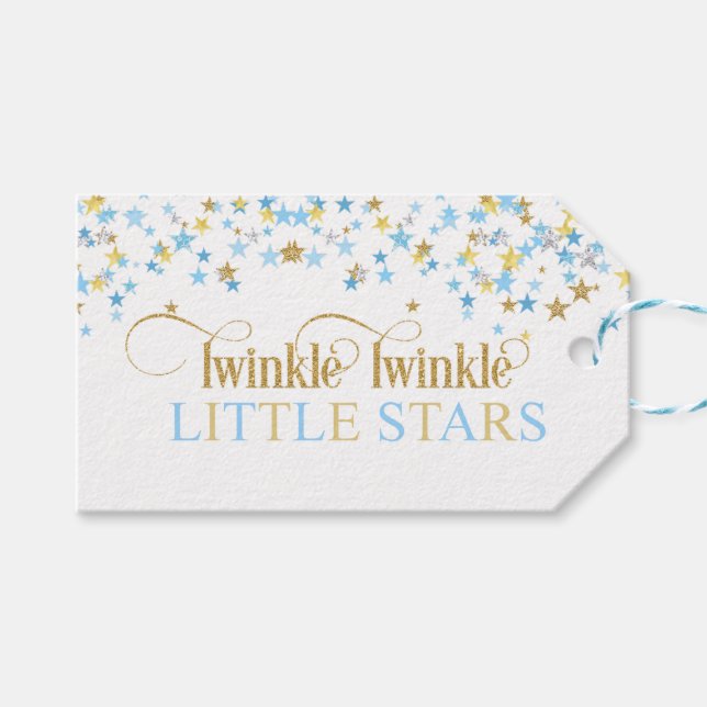 Étiquettes-cadeau Twinkle Little Stars Twins Baby shower Blue & Gold (Devant (Horizontal))