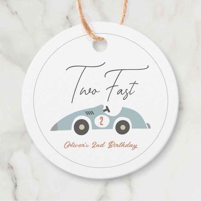 Étiquettes Cadeau Two Fast Blue Race Car Boy 2nd Birthday (Devant)