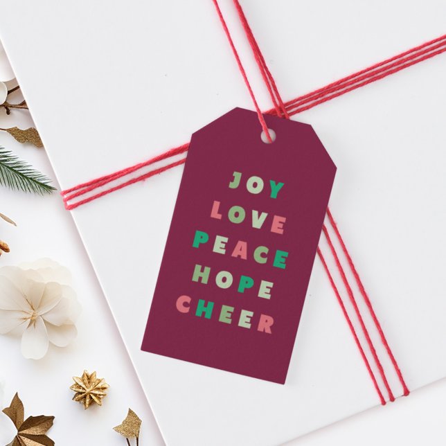 Étiquettes-cadeau Typographie moderne Joie Amour Paix Espoir Noël (modern typography Christmas gift tag with the words, "joy, love, peace, hope, cheer")