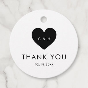 Étiquettes Cadeau Typographie simple Noir Coeur Mariage Monogramme