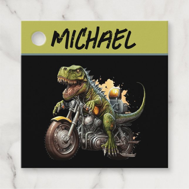 Étiquettes Cadeau Tyrannosaurus Rex Dinosaur Monter une moto (Devant)