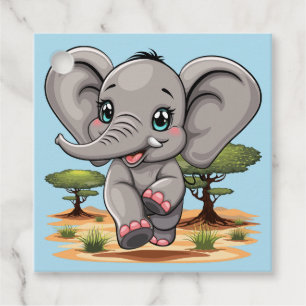 Étiquettes Cadeau Un bébé éléphant qui sonne heureux dans la savane