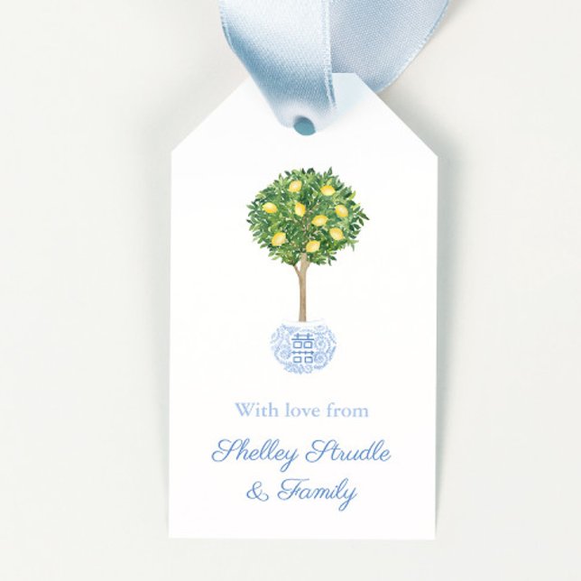 Étiquettes-cadeau Un cadeau de : Sunny Lemon Tree Topiary Spring (Chinoiserie lemon tree hostess gift tags)