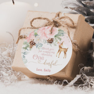 Étiquettes Cadeau Un cerf rosé d'hiver rose vif 1ère fille anniversa
