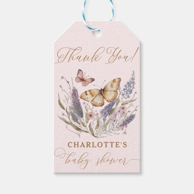 Étiquettes-cadeau Un Petit Papillon Est En Chemin De Baby shower (Devant)