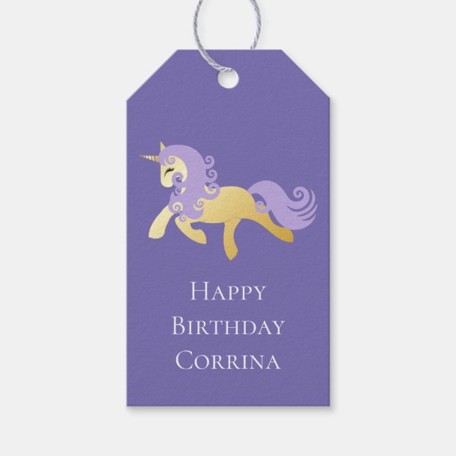 Étiquettes-cadeau Unicorne violette or (Devant)