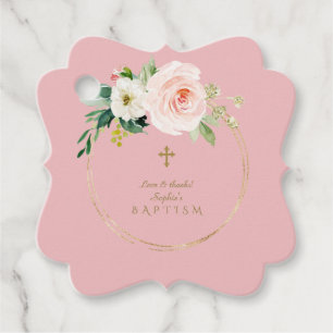 Étiquettes Cadeau Unique Pink Blush Floral Gold Cross Baptism