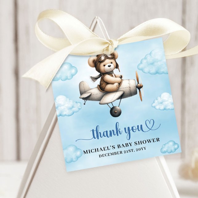 Étiquettes Cadeau Unique Teddy Bear Pilot Airplane Blue Brown Baby  (Unique Teddy Bear Pilot Airplane Blue Brown Baby Shower Favor Tag

)