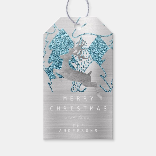 Étiquettes-cadeau Vacances Bleu Argent de Noël Métal Reindeer Arbre (Devant)