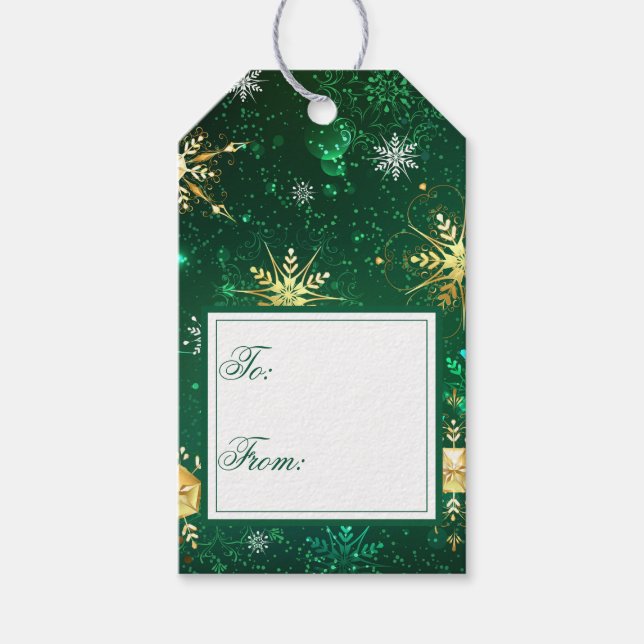 Étiquettes-cadeau Vacances Gold Green Snowflakes Noël Cadeau de Noël (Devant)