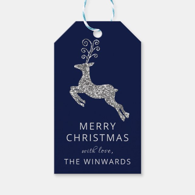 Étiquettes-cadeau Vacances Noël bleu et argent Parties scintillant R (Devant)
