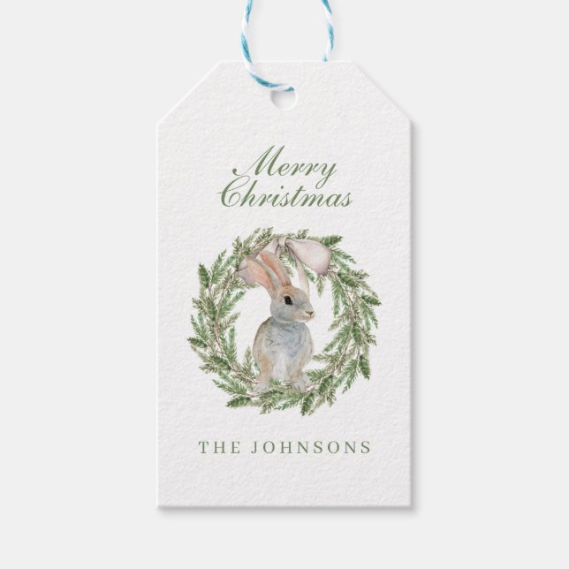 Étiquettes-cadeau Vacances Wreath Bow Adorable Lapin Lapin Noël (Devant)