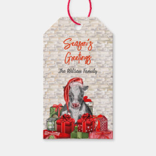 Étiquettes-cadeau Vache de Noël Bonnes Fêtes à Santa Hat