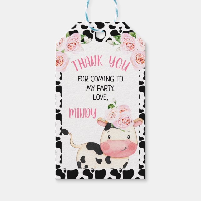 Étiquettes-cadeau Vache florale avec vache Imprimer Anniversaire Fav (Devant)