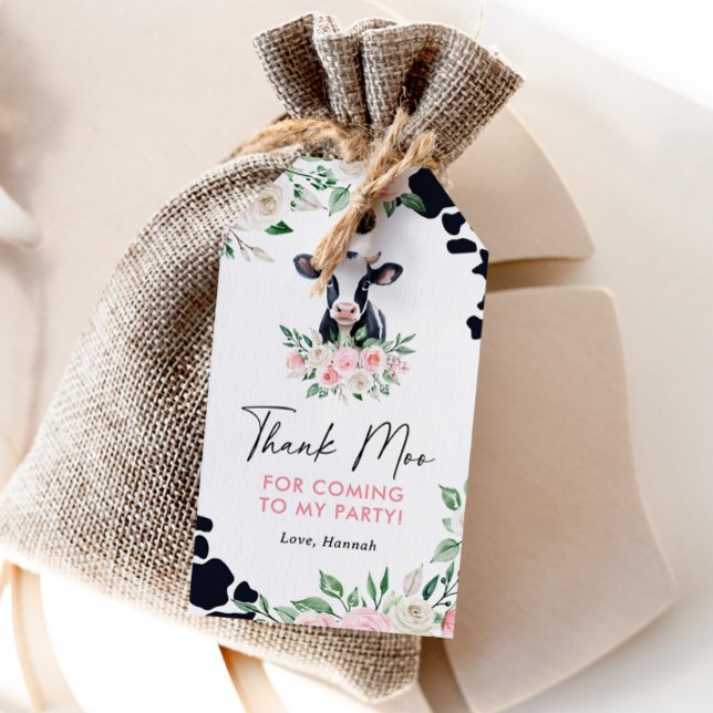 Étiquettes-cadeau Vache florale rose Anniversaire Favoriser les étiq (Créateur téléchargé)