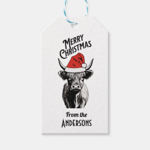 Étiquettes-cadeau Vache Highland de Noël avec chapeau de Santa