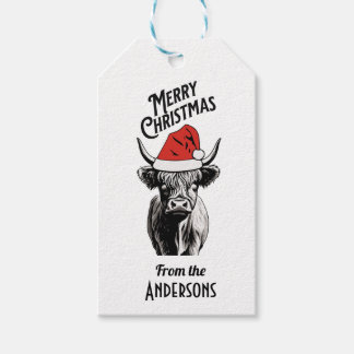 Étiquettes-cadeau Vache Highland de Noël avec chapeau de Santa
