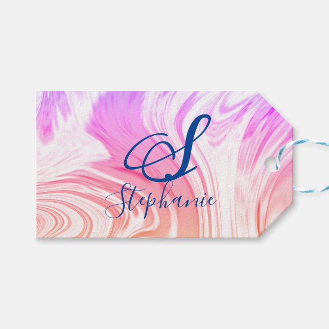 Étiquettes-cadeau Vague blanche rose abstraite Monogrammes mignons f (Devant (Horizontal))