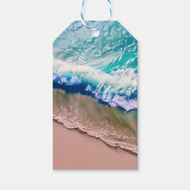Étiquettes-cadeau Vagues turquoise sur une plage de sable (Devant)