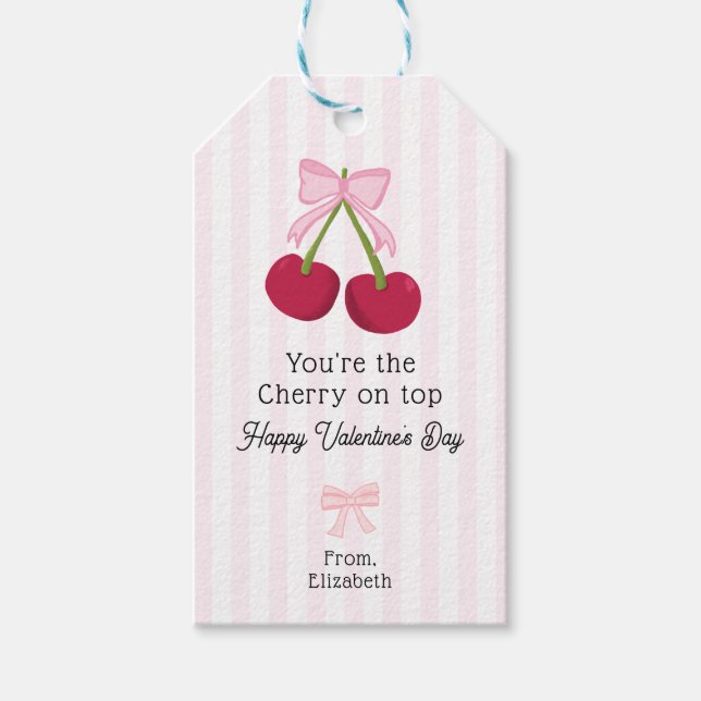 Étiquettes-cadeau Valentine's Day Cherry on Top Coquette Stripes (Devant)