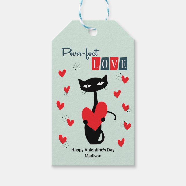 Étiquettes-cadeau Valentines Jour Rétro Mid Century Chat (Devant)