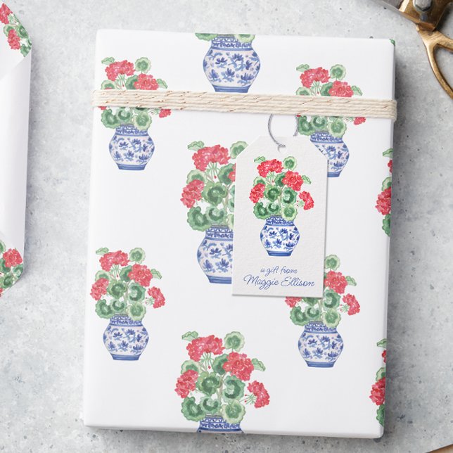 Étiquettes-cadeau Vase Chinoiserie des Geraniums rouges Personnalisé (Créateur téléchargé)