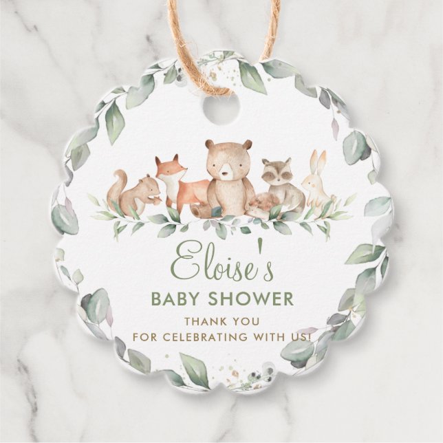 Étiquettes Cadeau Végétation Bois Animaux Jumeaux Baby shower Favori (Devant)