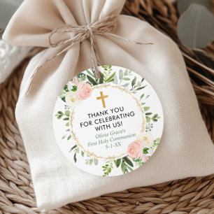 Étiquettes Cadeau Verdure or rose élégant premier baptême de communi