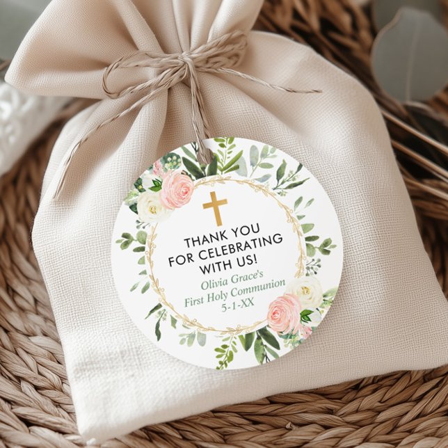 Étiquettes Cadeau Verdure or rose élégant premier baptême de communi (Créateur téléchargé)