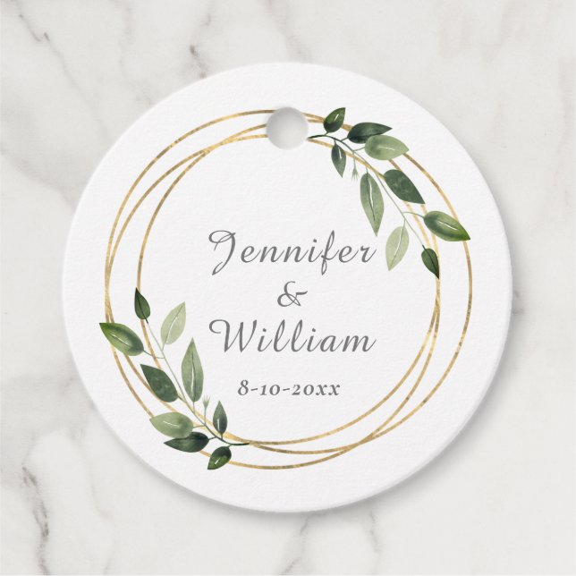 Étiquettes Cadeau Verdure vert et or Géométrique Mariage rustique (Devant)