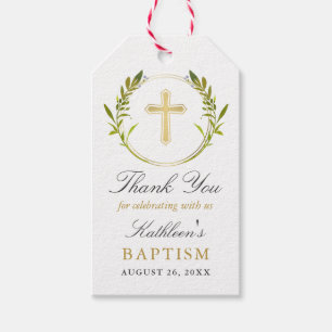 Étiquettes-cadeau Verdure Wreath Gold Cross Girl Baptism
