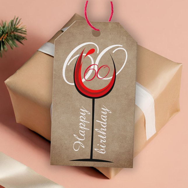 Étiquettes-cadeau Verre rouge rustique Script 60e anniversaire (Créateur téléchargé)