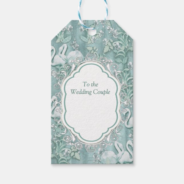 Étiquettes-cadeau Verres de soie verte Sage & fleurs de flamants (Devant)