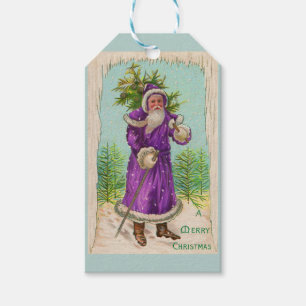 Étiquettes-cadeau vers 1910 Le Père Noël en robe violette 