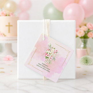 Étiquettes Cadeau Verseau Rose Aquarelle Florale Croix Bébé Dédicace