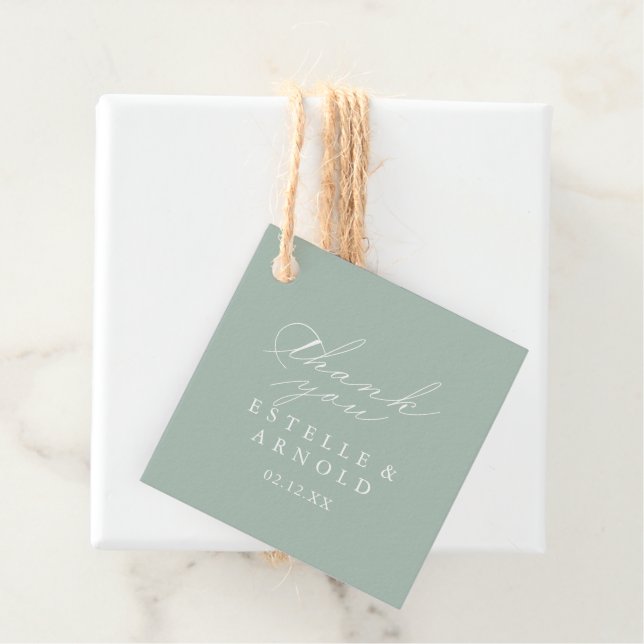 Étiquettes Cadeau Vert blanc moderne Mariage de calligraphie (En situation)