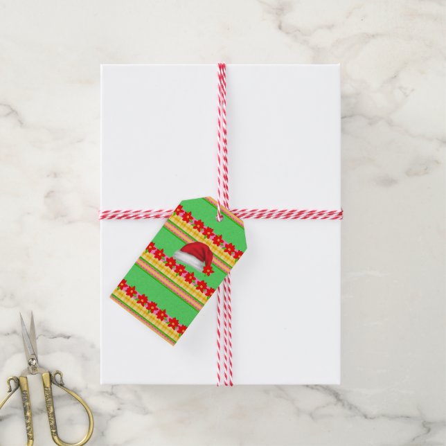 Étiquettes Cadeau vert Casquette de Noël (Avec de la ficelle)
