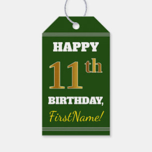 Étiquettes-cadeau Vert, Faux Gold 11e anniversaire + Nom personnalis