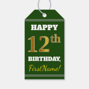 Étiquettes-cadeau Vert, Faux Gold 12e anniversaire + Nom personnalis
